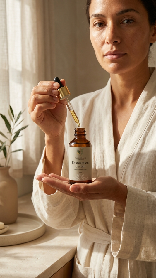 Applying Restoration Serum to face for balanced hydration and anti-aging results